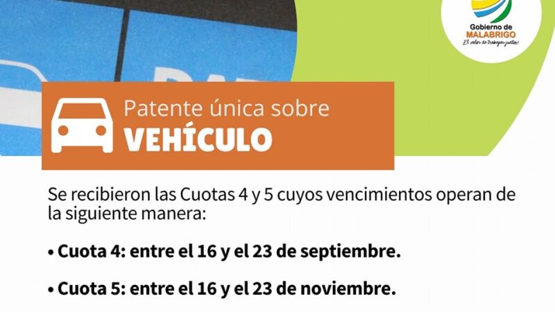 Llegaron las boletas de Patente única sobre vehículos a Malabrigo