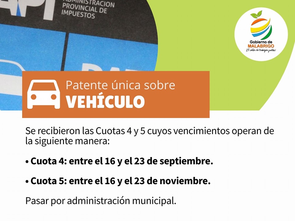 Llegaron las boletas de Patente única sobre vehículos a Malabrigo