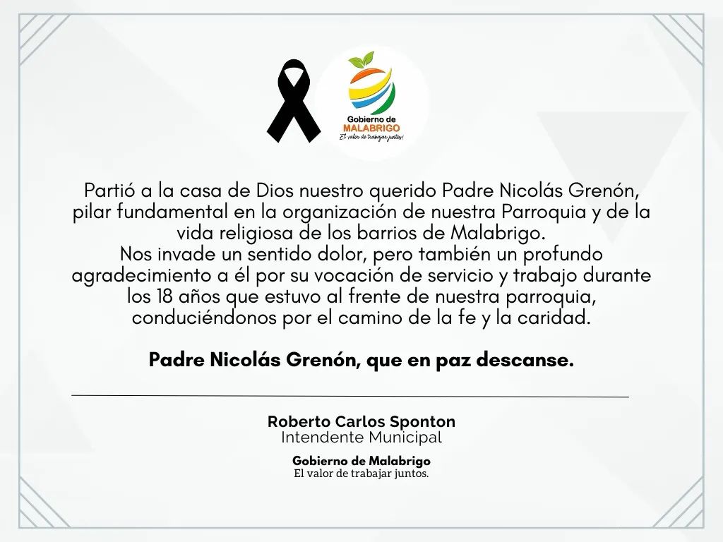 Jornada de luto en Malabrigo por la muerte del Padre Grenón
