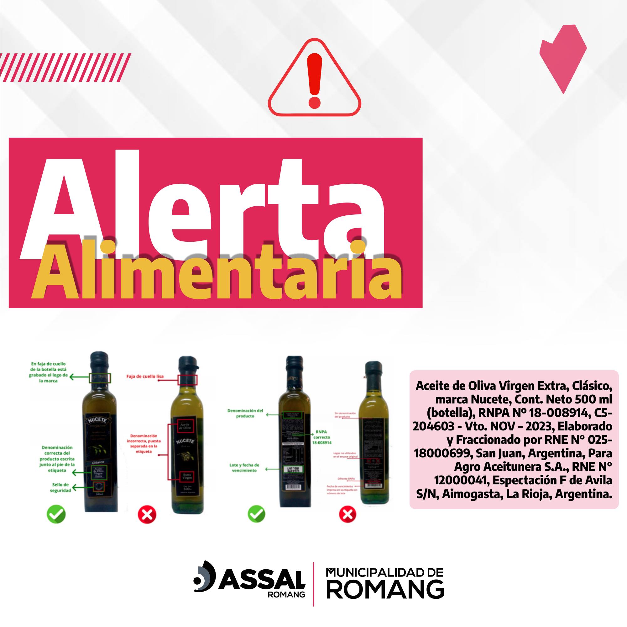 Prohiben la comercialización de aceite de oliva en Romang
