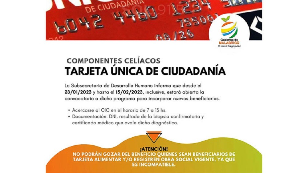 Inscriben para Tarjeta Única COMPONENTES CELÍACOS