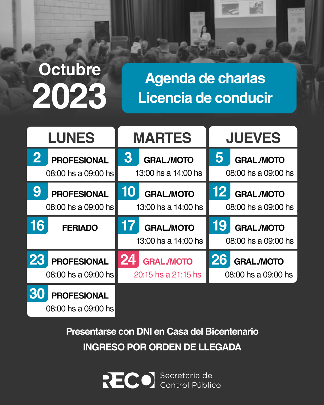 Cronograma octubre: charlas licencia de conducir