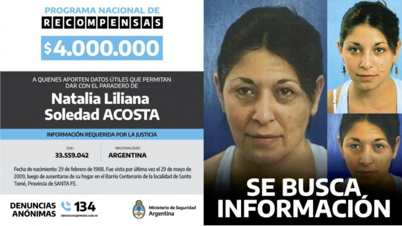 La provincia ofrece recompensa para encontrar a Natalia Acosta