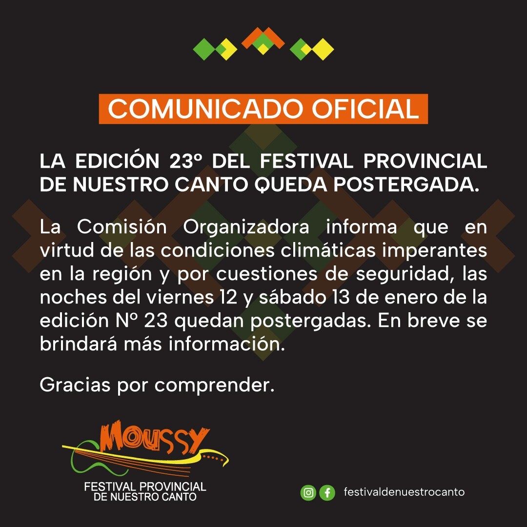 Postergaron la edición 23° del Festival Provincial de Nuestro Canto
