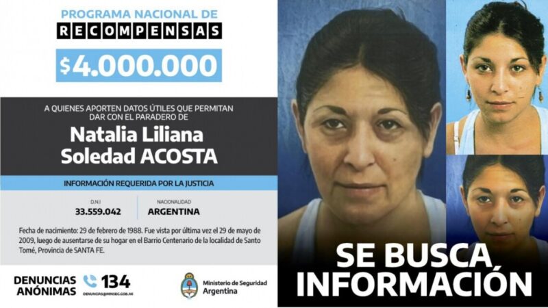 Se ofrece recompensa a quienes aporten datos sobre Natalia Liliana Acosta